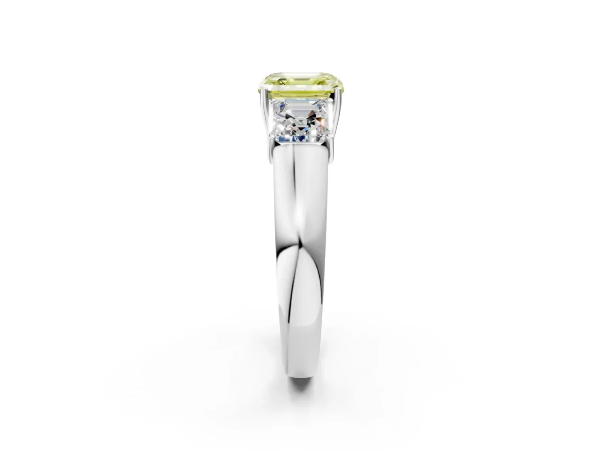 Fancy Yellow Three-Stone Asscher Cut Cut Diamond Ring with Prong Setting and Classic Band Platinum