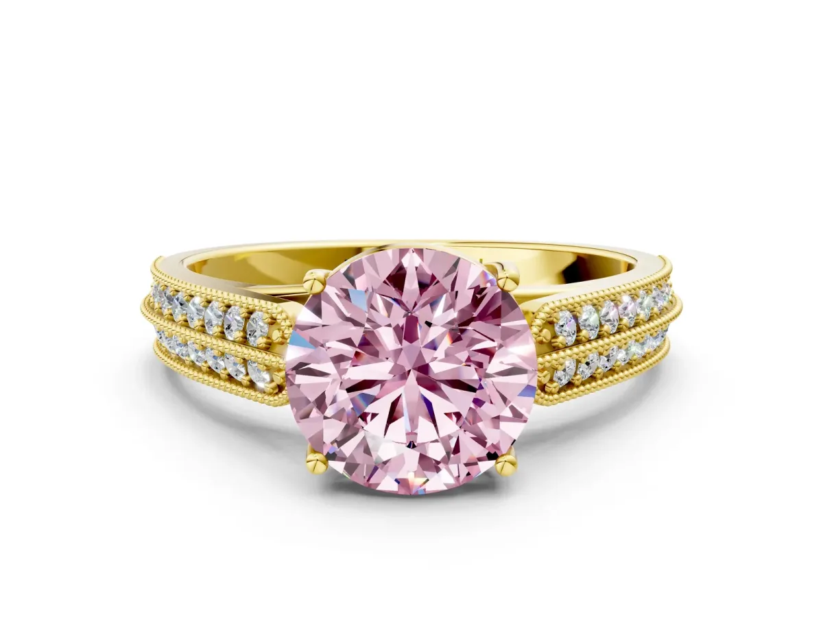 Fancy Pink Round Cut Cut Pave Split Shank Engagement Ring with Four-Prong Setting Yellow gold