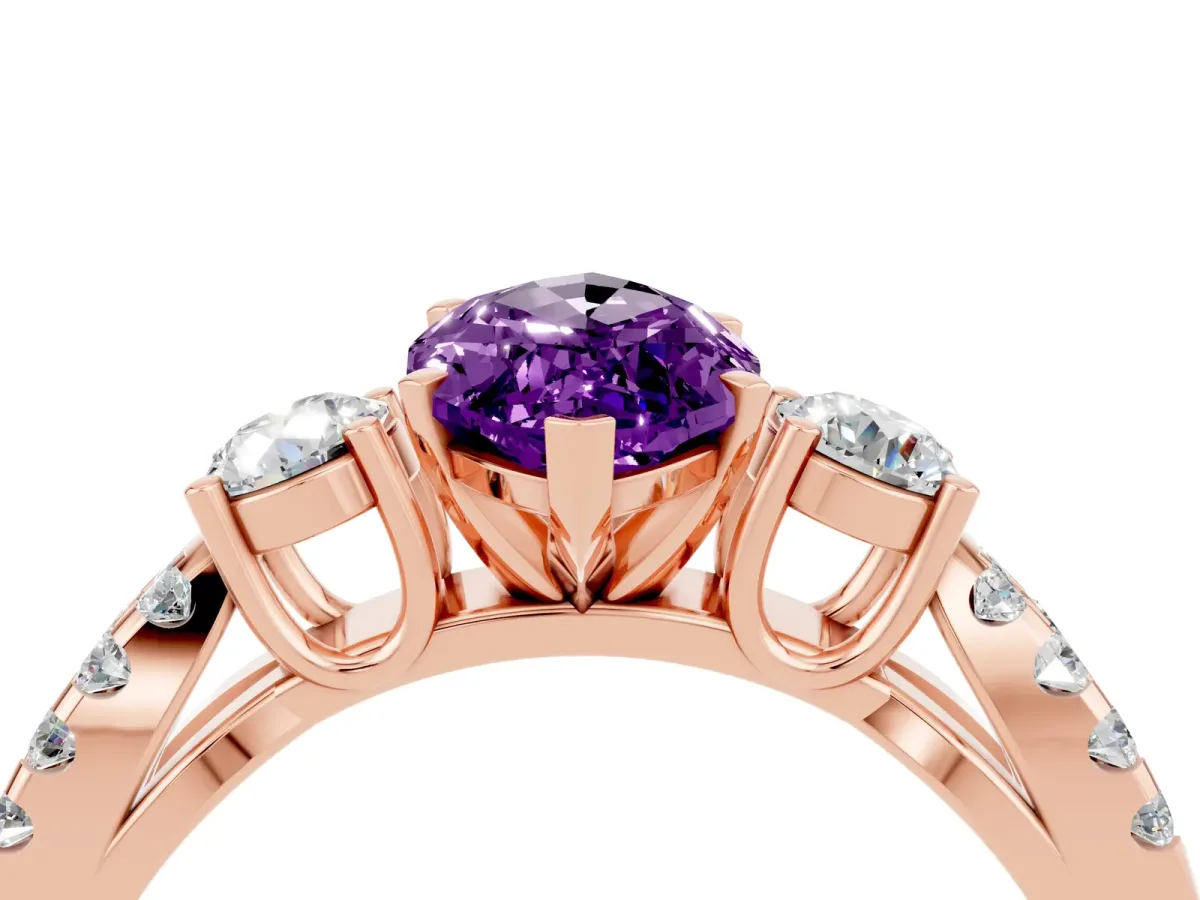 Marquise Cut Amethyst Three-Stone Ring with Pavé Split Shank and Four-Prong Setting Rose gold