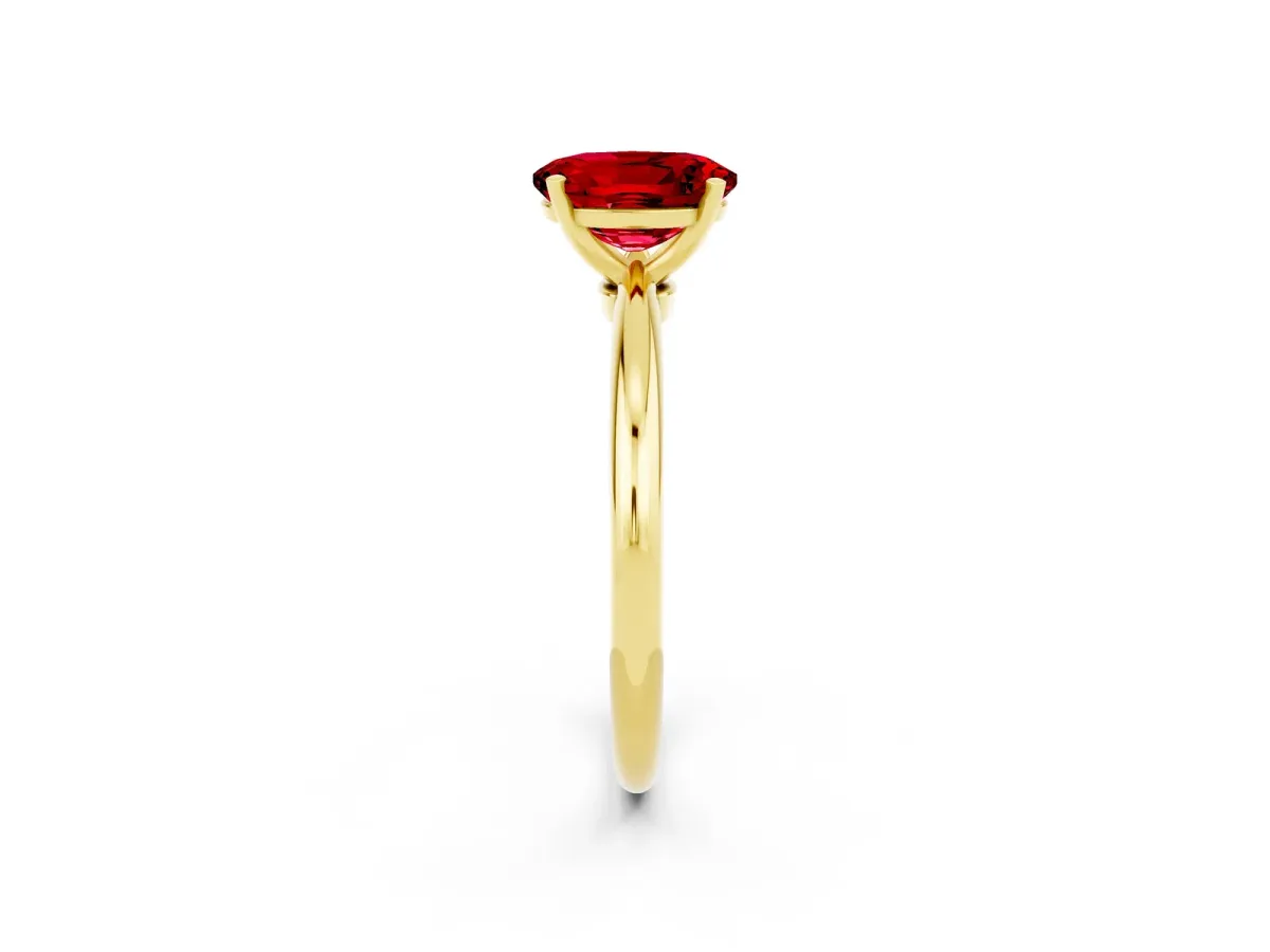 Oval Cut Ruby Solitaire Ring with Six-Prong Setting and Classic Band Yellow gold