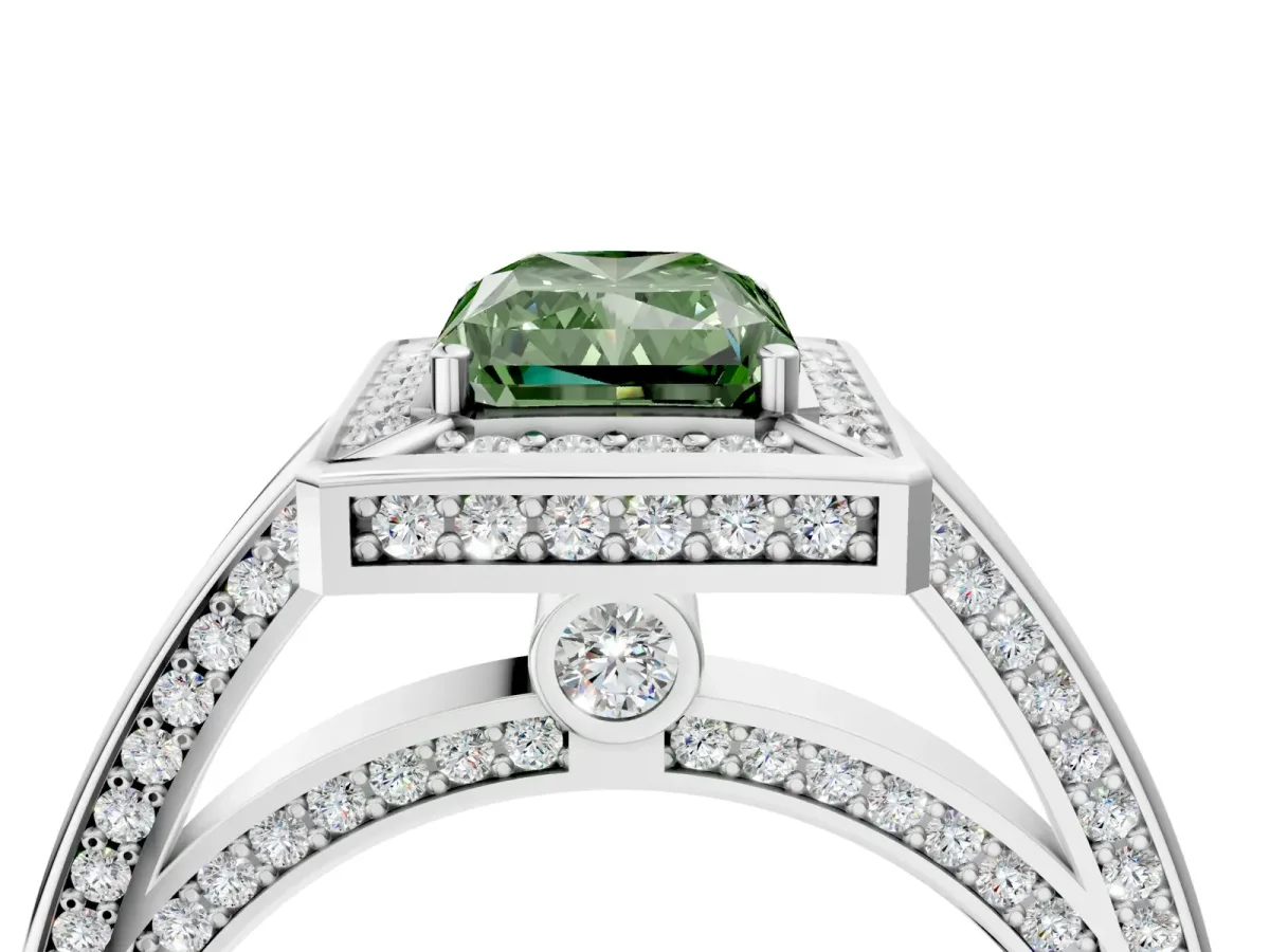 Fancy Green Radiant Cut Cut Halo Pave Split Shank Prong Setting Ring Platinum