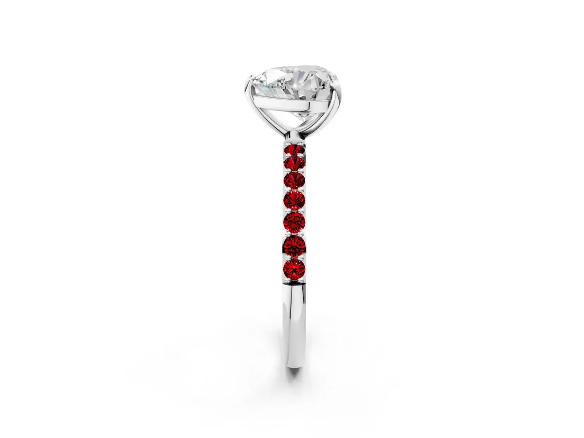 Heart Cut Diamond Solitaire Ring with Round Ruby Pavé Band and Prong Setting Silver