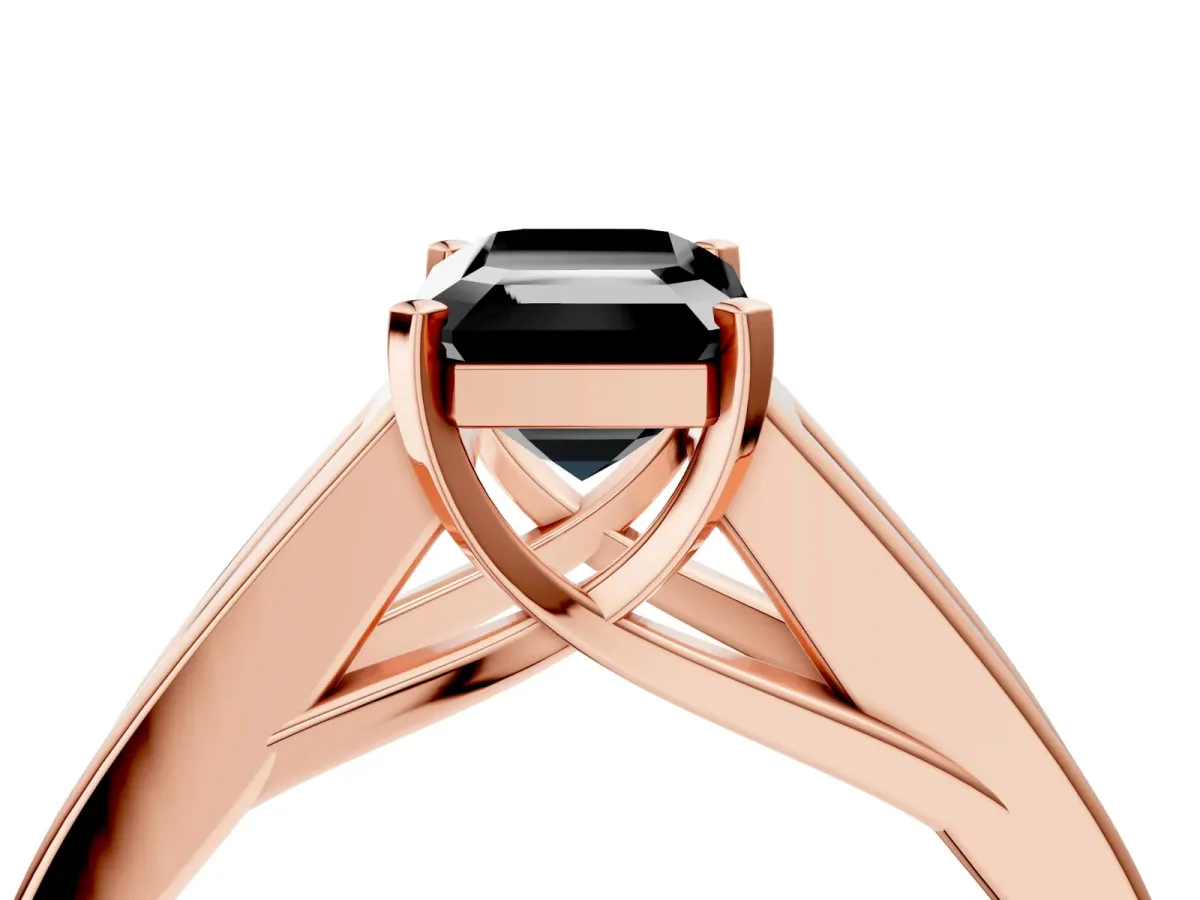 Fancy Black Emerald Cut Cut Channel Set Solitaire Ring with Four-Prong Setting Rose gold