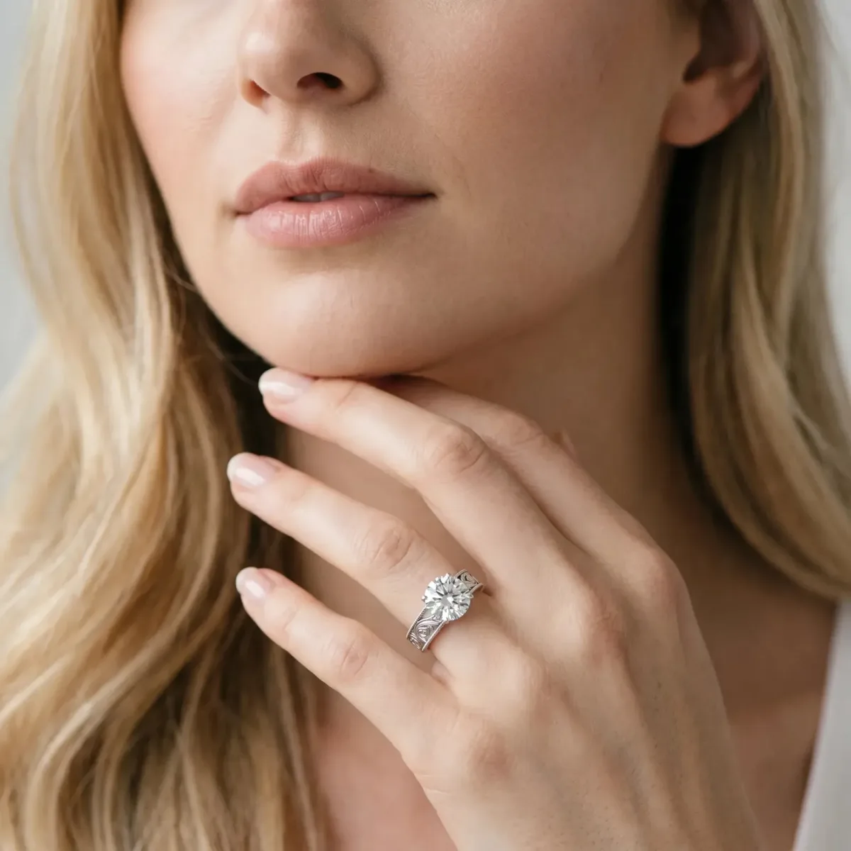 Round Cut Diamond Solitaire Ring with Engraved Band and Four-Prong Setting White gold