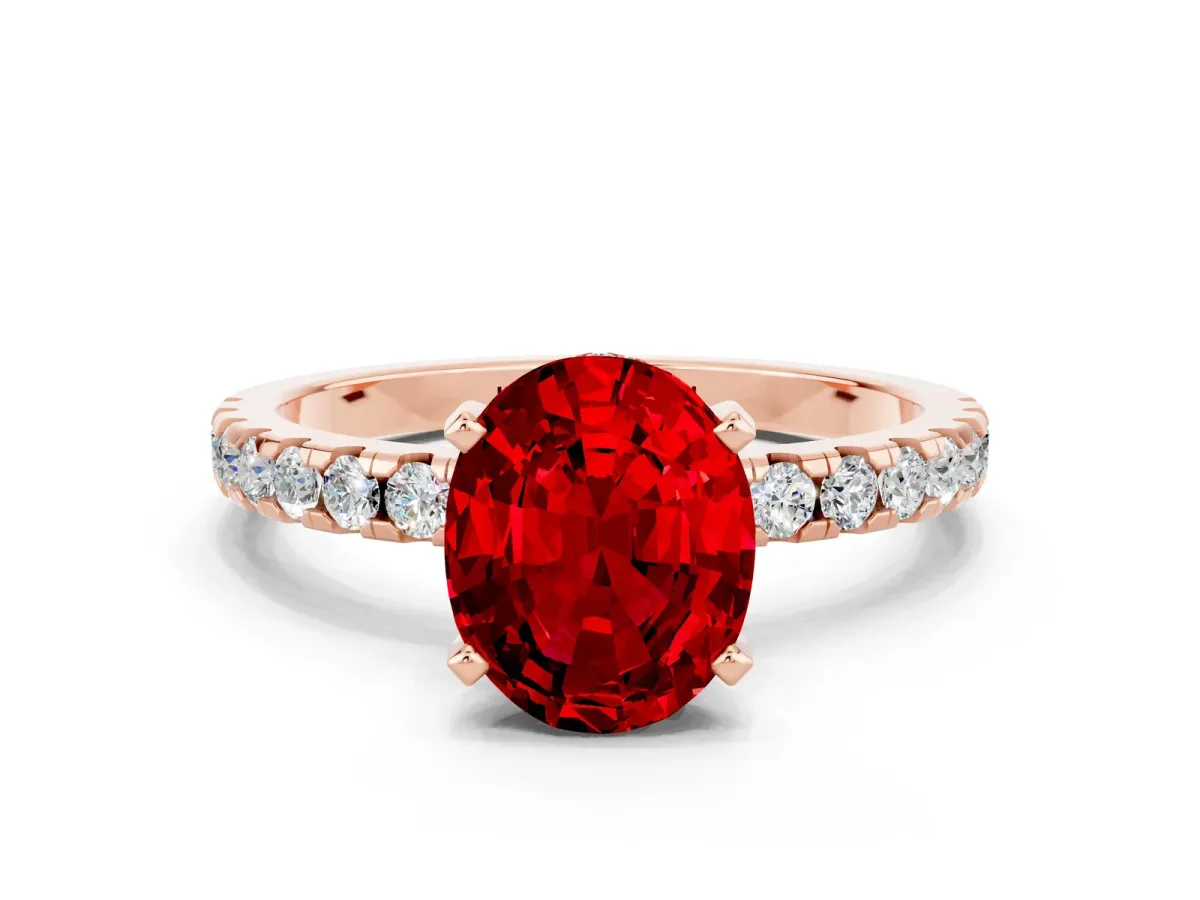 Oval Cut Ruby Solitaire Ring with Round Pavé Band and Four-Prong Setting Rose gold