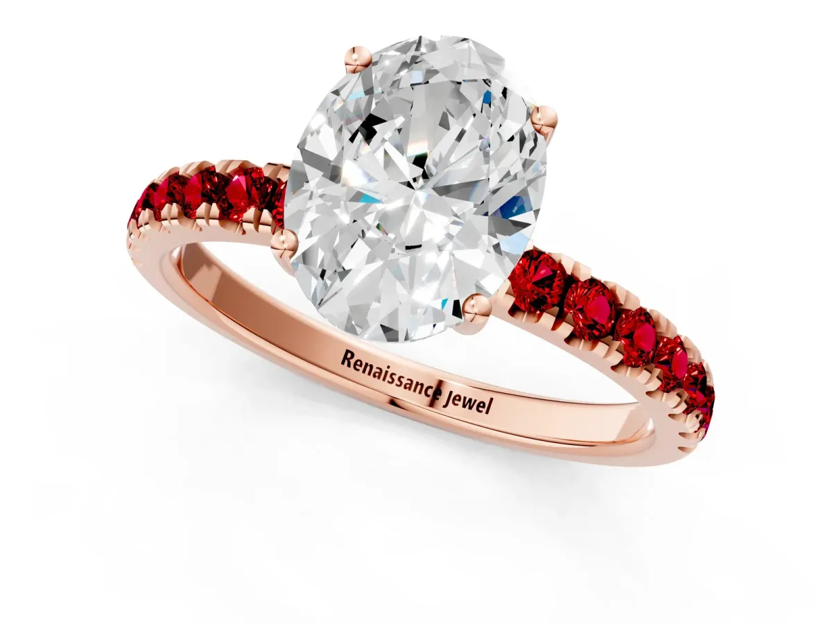 Oval Cut Diamond Pave Band Solitaire Ring with Round Ruby and Prong Setting Rose gold