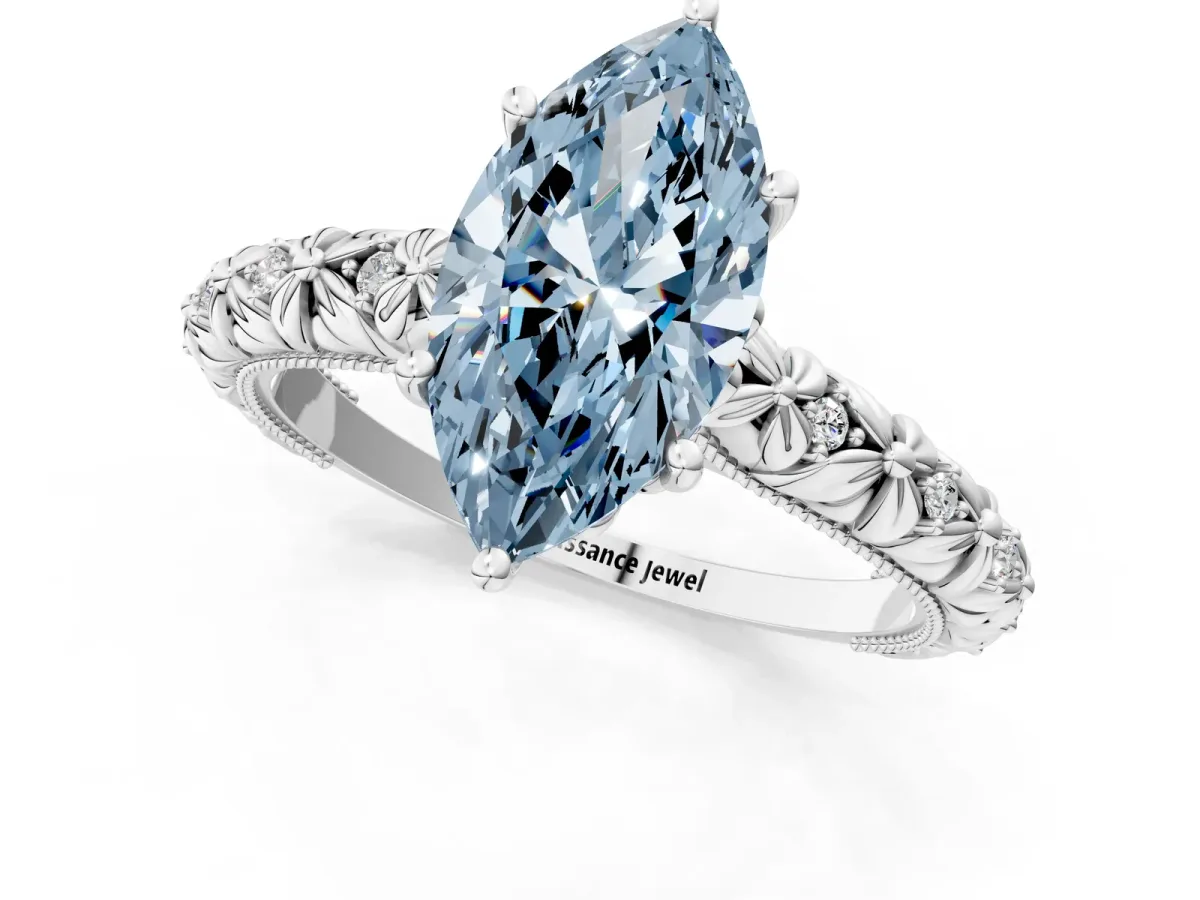 Fancy Blue Marquise Cut Solitaire Floral Milgrain Engagement Ring Silver