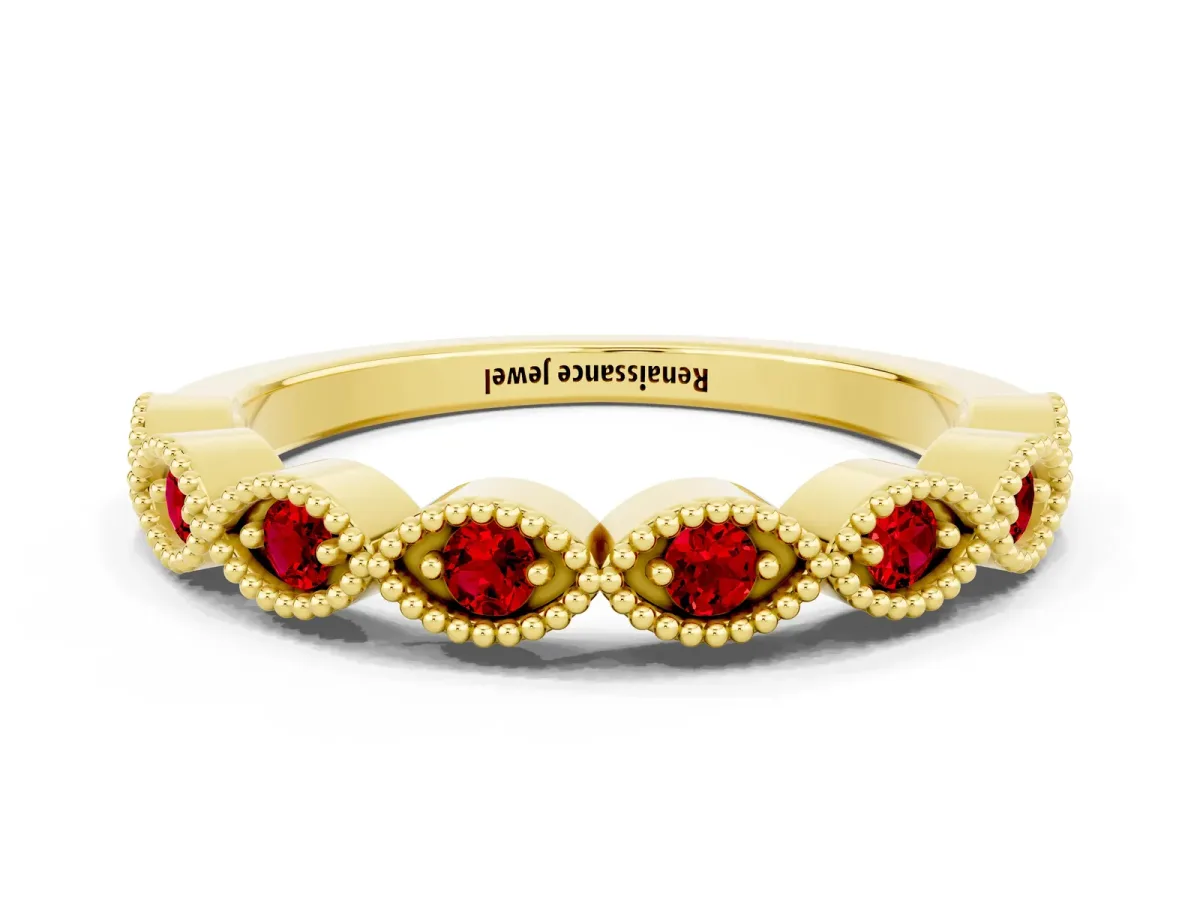 Milgrain Marquise Ruby Half Eternity Band with Bezel Setting Yellow gold