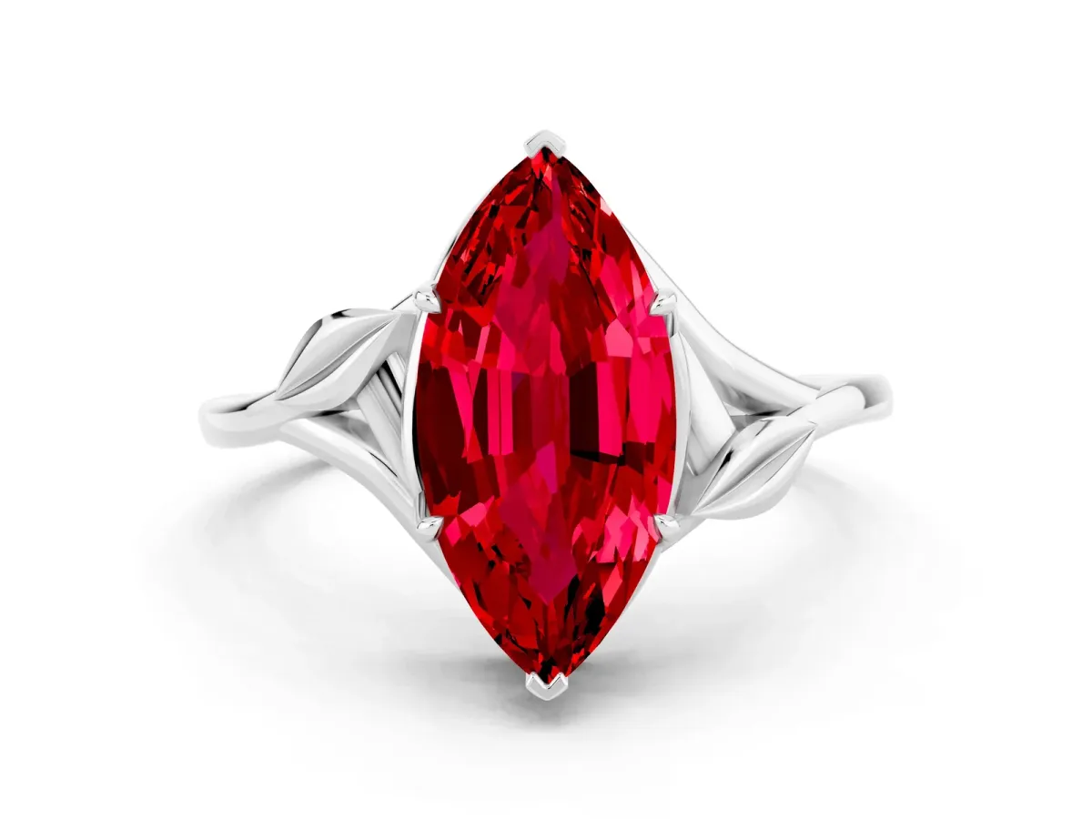 Marquise Cut Ruby Solitaire Ring with Twist Band and Four-Prong Setting Platinum