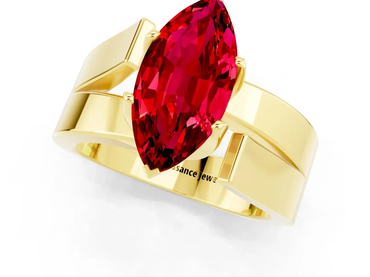 Modern Tension Set Marquise Cut Ruby Solitaire Wide Band Ring Yellow gold