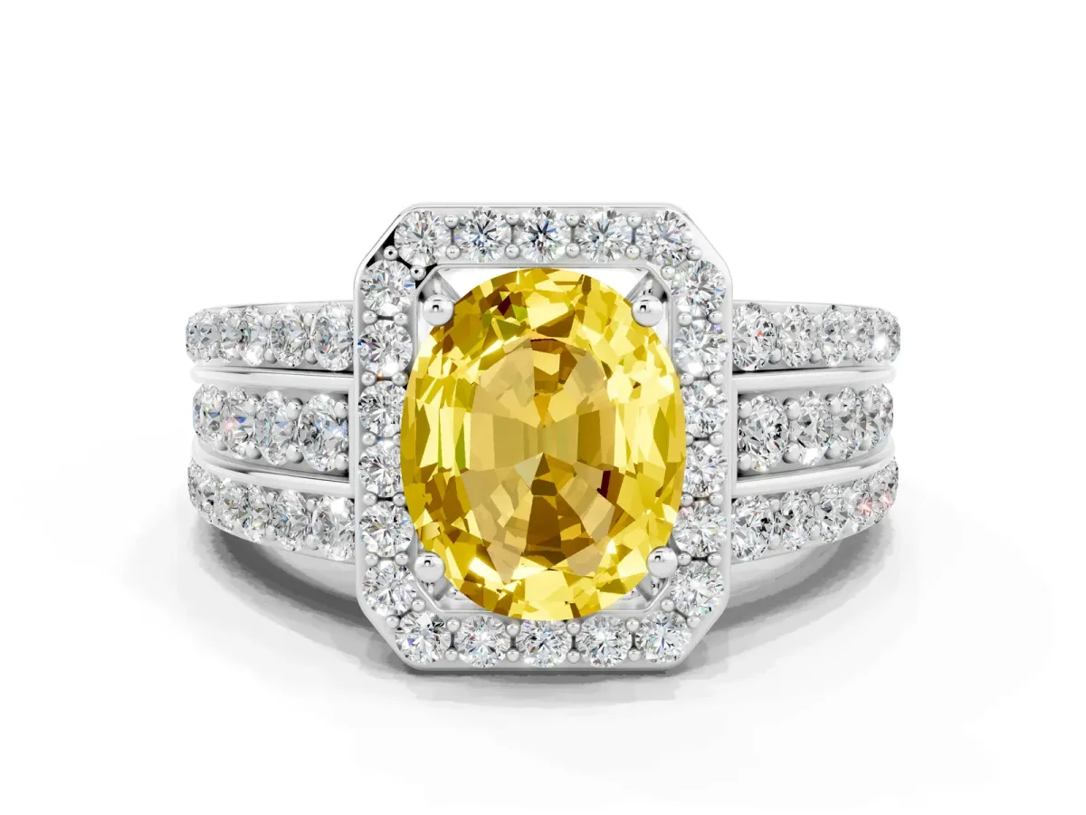 Oval Cut Halo Yellow Sapphire Ring with Round Split Shank and Prong Setting Silver