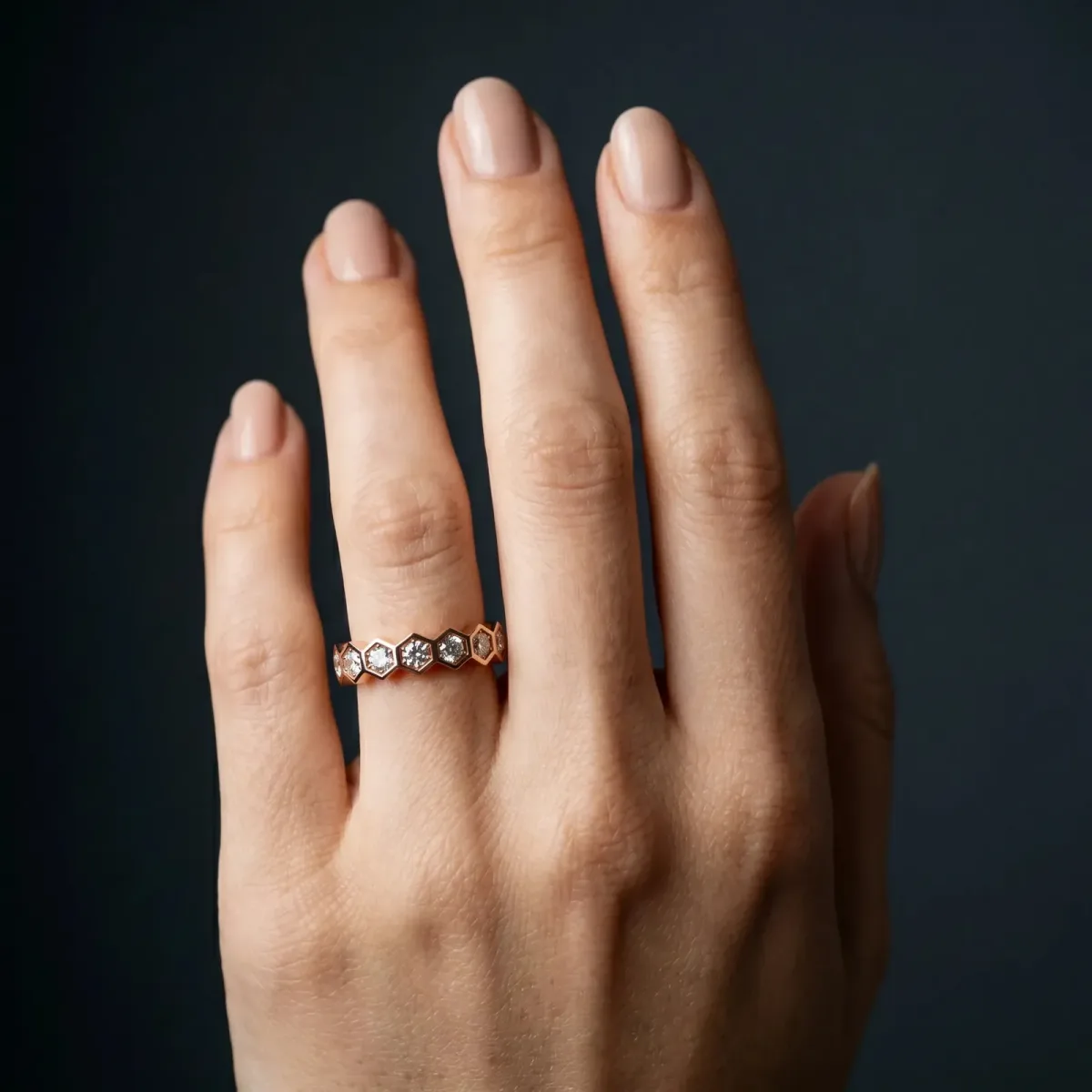Hexagon Pave Diamond Eternity Band with Bezel Setting Rose gold