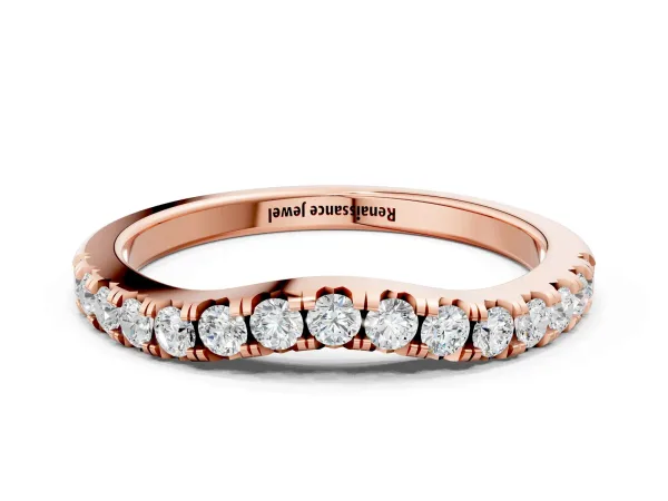 Round Diamond Curved Pavé Wedding Band with Shared Prong Setting Rose gold