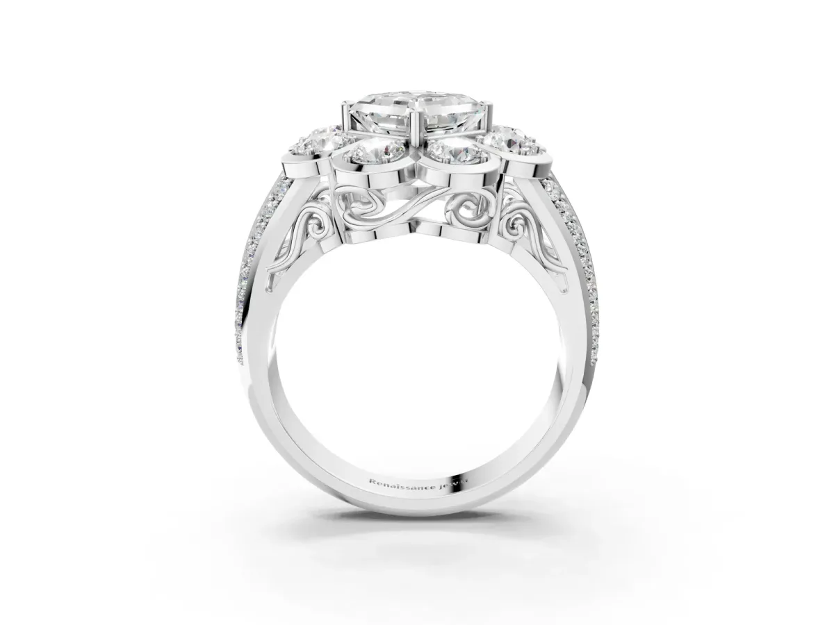 Asscher Cut Brilliant Flower Halo Diamond Split Shank Ring Platinum