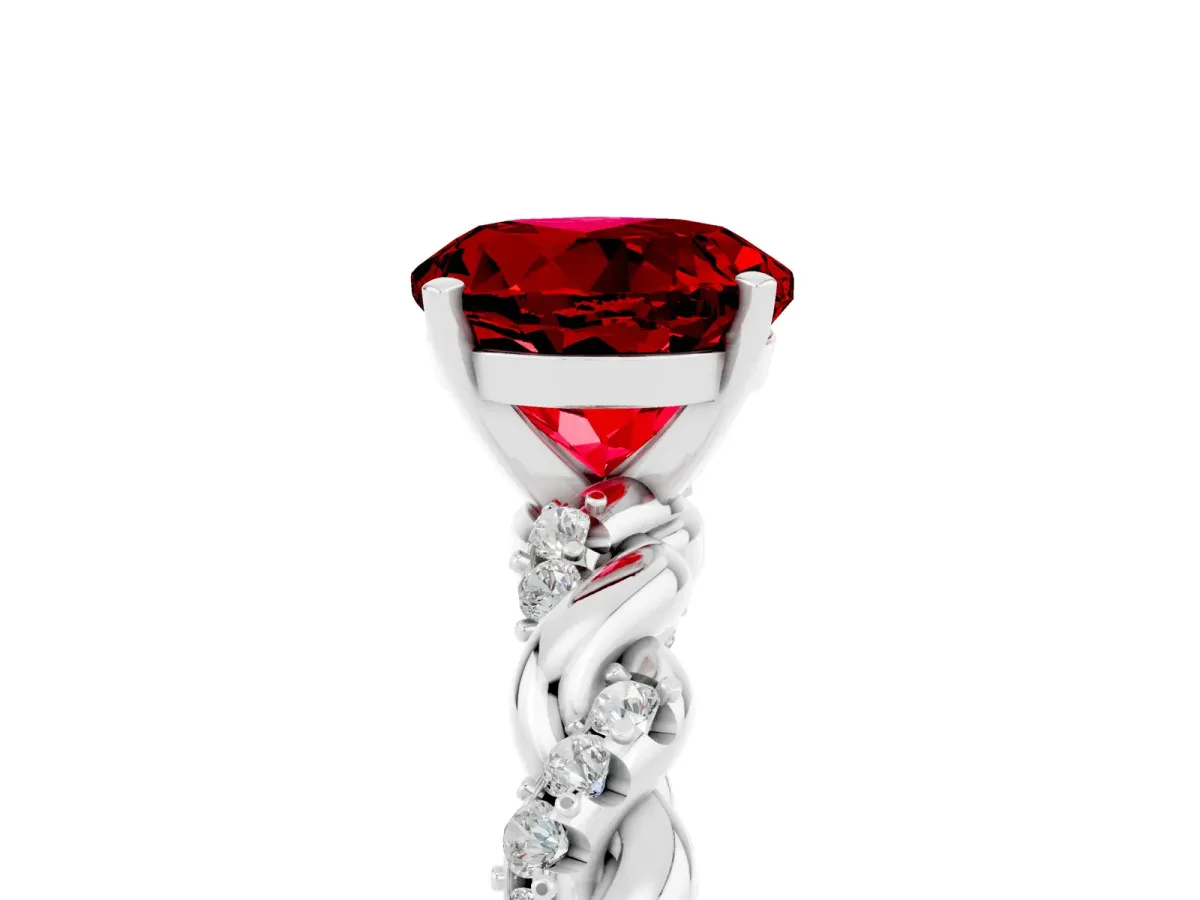 Round Cut Ruby Solitaire Ring with Twisted Band and Pavé Accents Silver