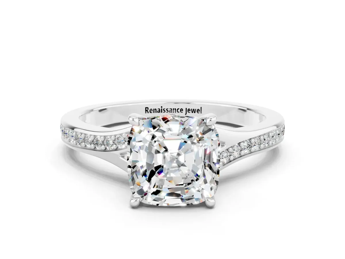 Cushion Cut Moissanite Solitaire Ring with Pavé Band and Prong Setting Silver