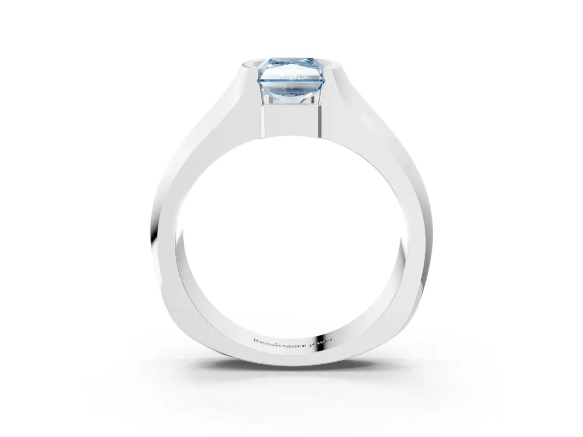 Fancy Blue Radiant Cut Solitaire Bezel Set Diamond Ring with Wide Band Platinum