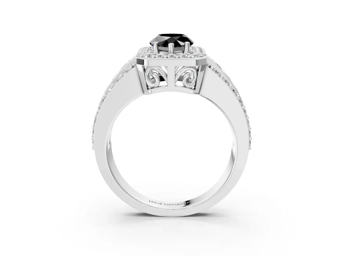 Fancy Black Pear Cut Halo Diamond Ring with Round Split Shank and Prong Setting Platinum