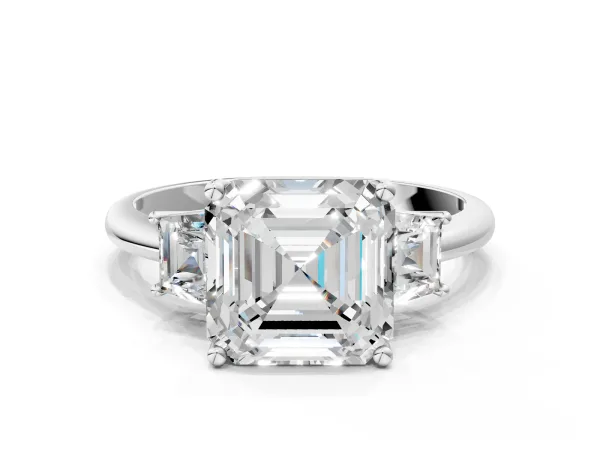 Asscher Cut Diamond Three-Stone Ring with Trapezoid Side Stones and Prong Setting Platinum
