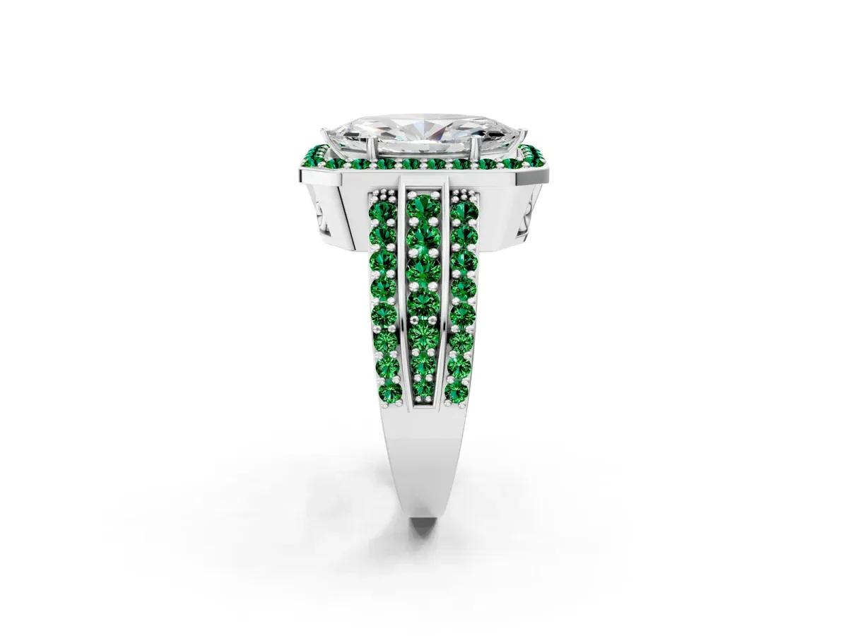 Marquise Cut Halo Diamond Ring with Round Emerald Split Shank and Prong Setting Silver