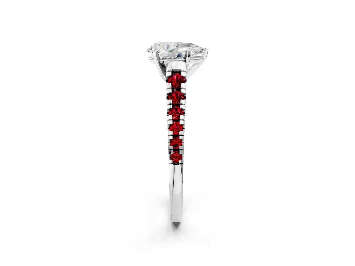 Pear Cut Diamond Cathedral Solitaire Ring with Round Ruby Pavé Band Silver