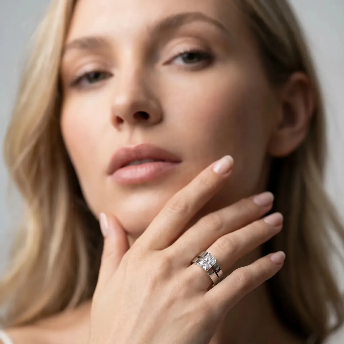 Modern Tension Set Radiant Cut Diamond Solitaire Wide Band Ring Silver