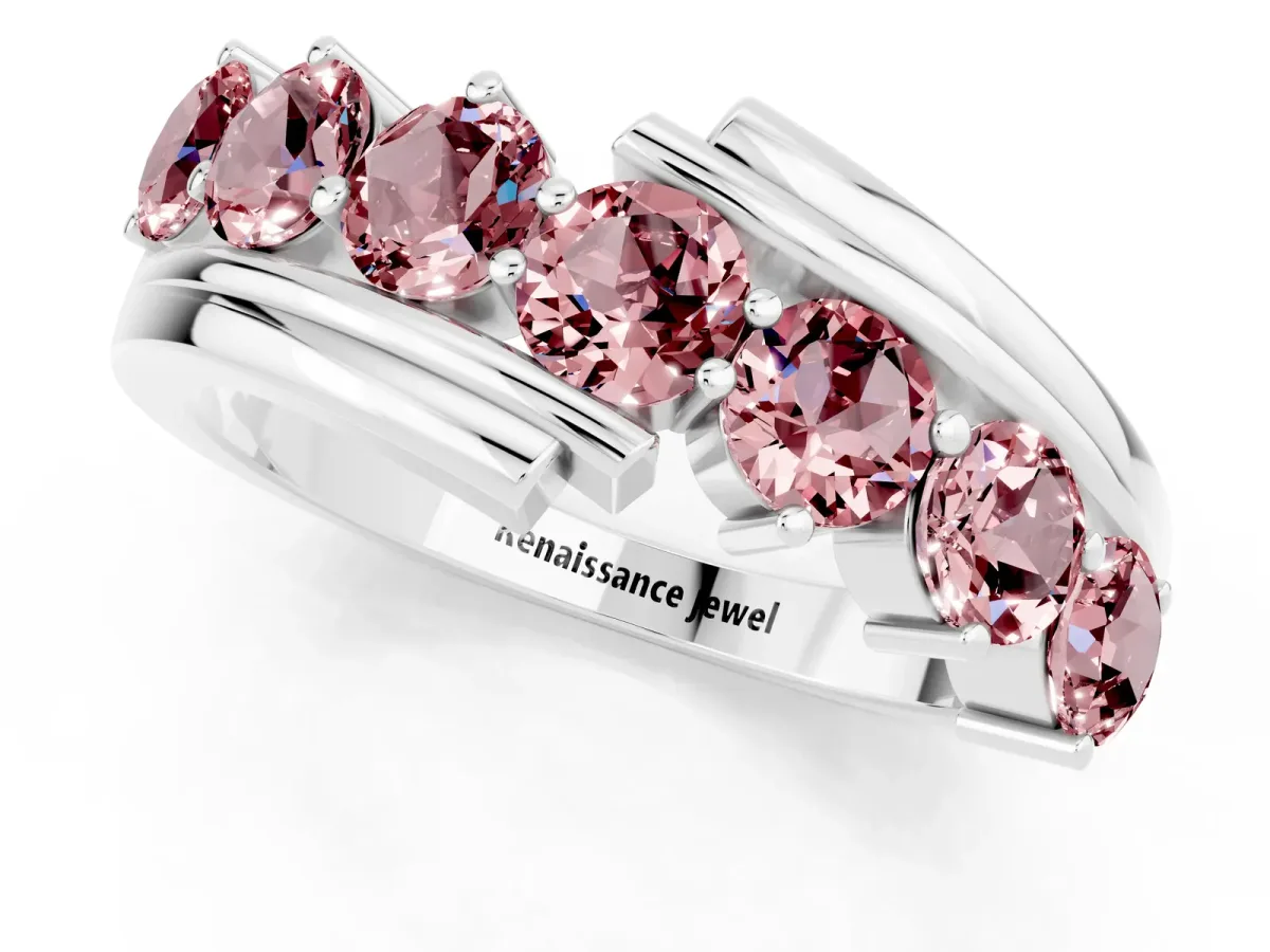 Round Morganite Wave Band with Channel and Shared Prong Setting White gold
