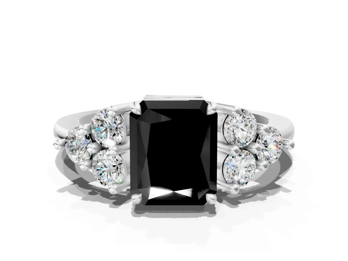 Fancy Black Radiant Cut Brilliant Diamond Cluster Accent Solitaire Ring with Prong Setting Platinum