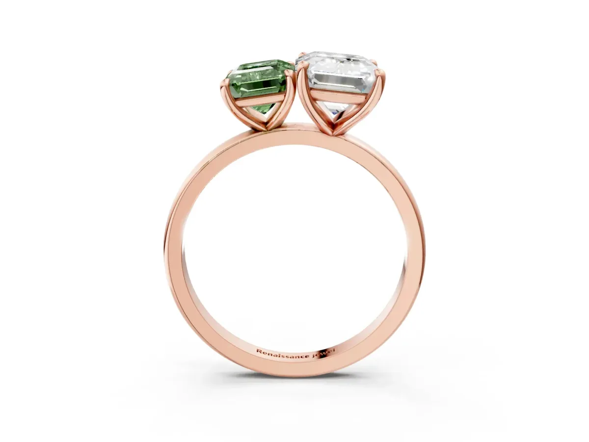 Fancy Green Emerald Cut and Emerald Cut Toi Moi Ring with Prong Setting Rose gold