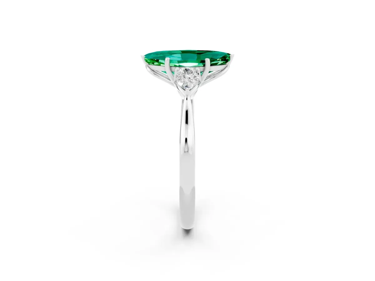 Marquise Cut Emerald Three-Stone Ring with Pear Side Stones and Prong Setting Silver
