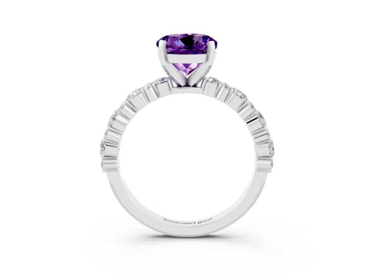 Round Cut Amethyst Side Stone Solitaire Ring with Round and Four-Prong Setting Platinum