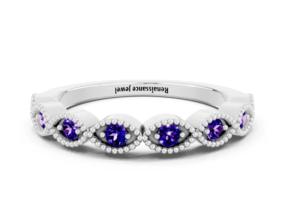 Milgrain Marquise Tanzanite Half Eternity Band with Bezel Setting Silver