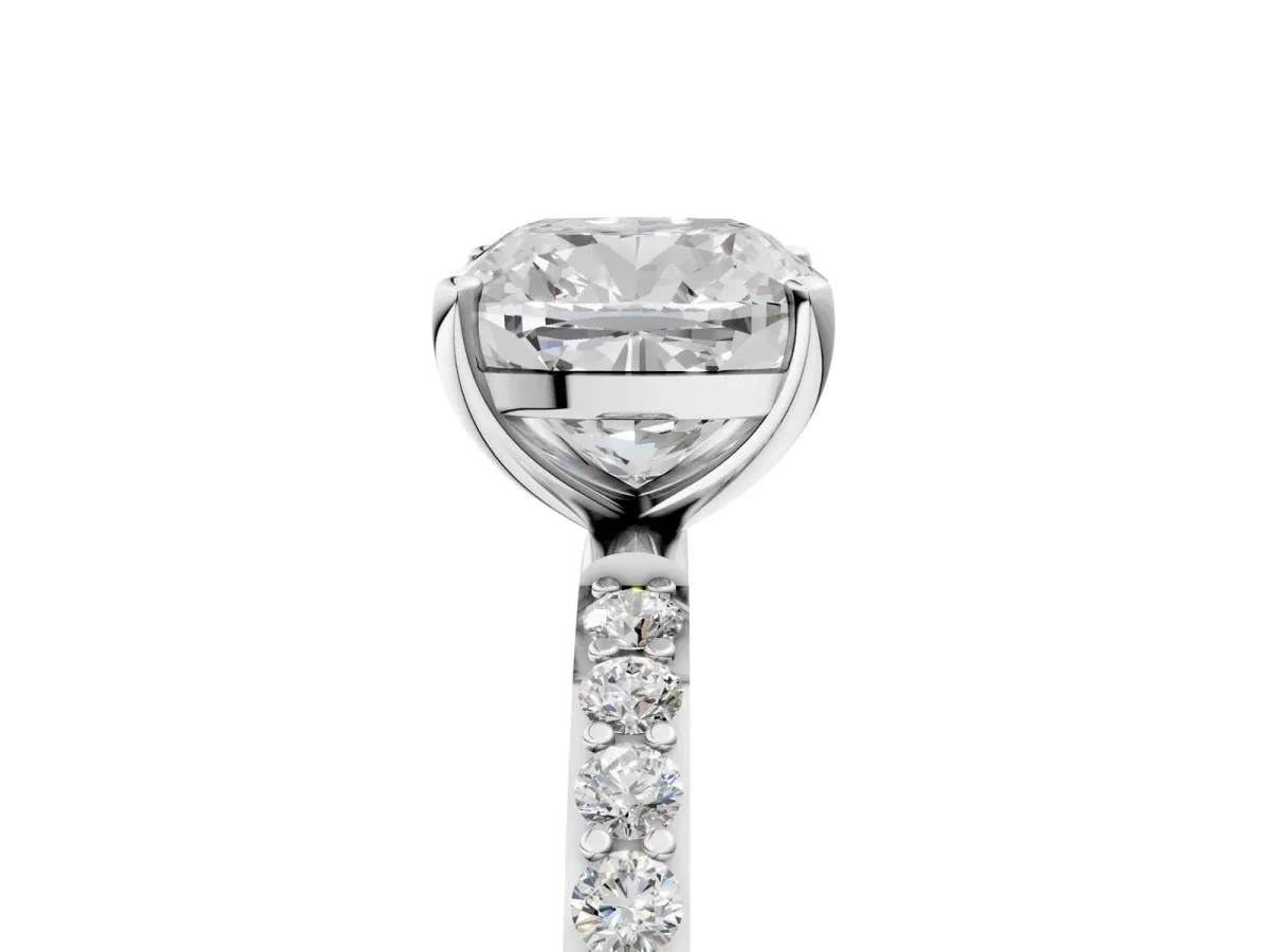Cushion Cut Diamond Solitaire Ring with Round Pavé Shoulders and Prong Setting Silver