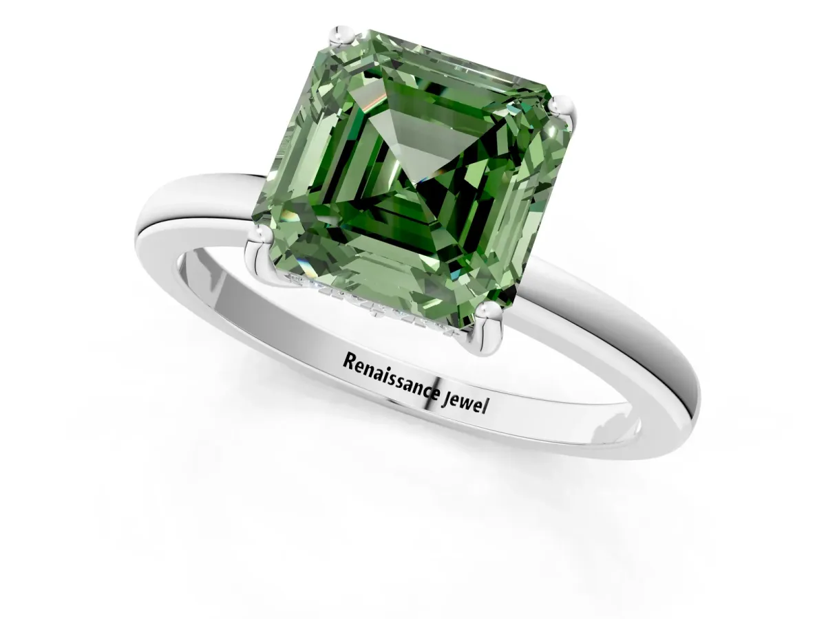 Fancy Green Asscher Cut Solitaire Diamond Ring with Prong Setting and Plain Band Silver
