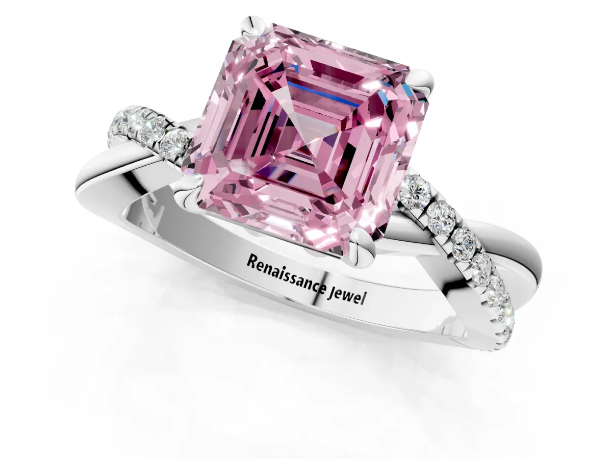 Fancy Pink Asscher Cut Cut Twist Band Solitaire Diamond Ring with Pavé Setting Platinum