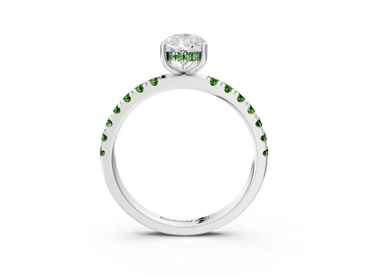Pear Cut Diamond Pave Band Solitaire Ring with Round Peridot and Prong Setting Platinum