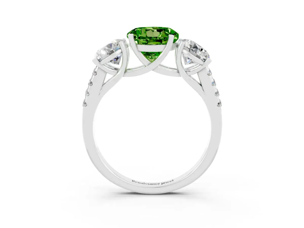 Three-Stone Round Cut Peridot Ring with Round Pavé Band and Prong Setting Silver