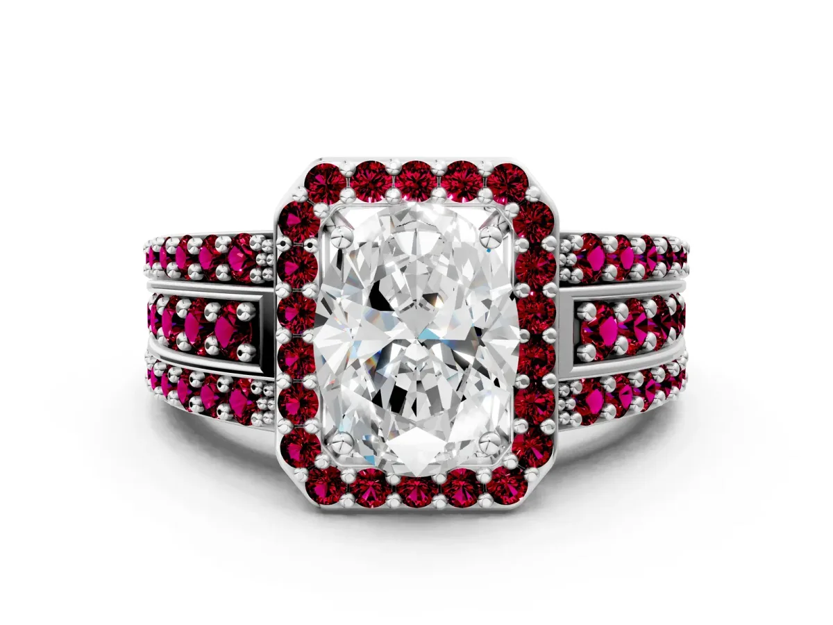 Oval Cut Halo Diamond Ring with Round Garnet Split Shank and Prong Setting Silver