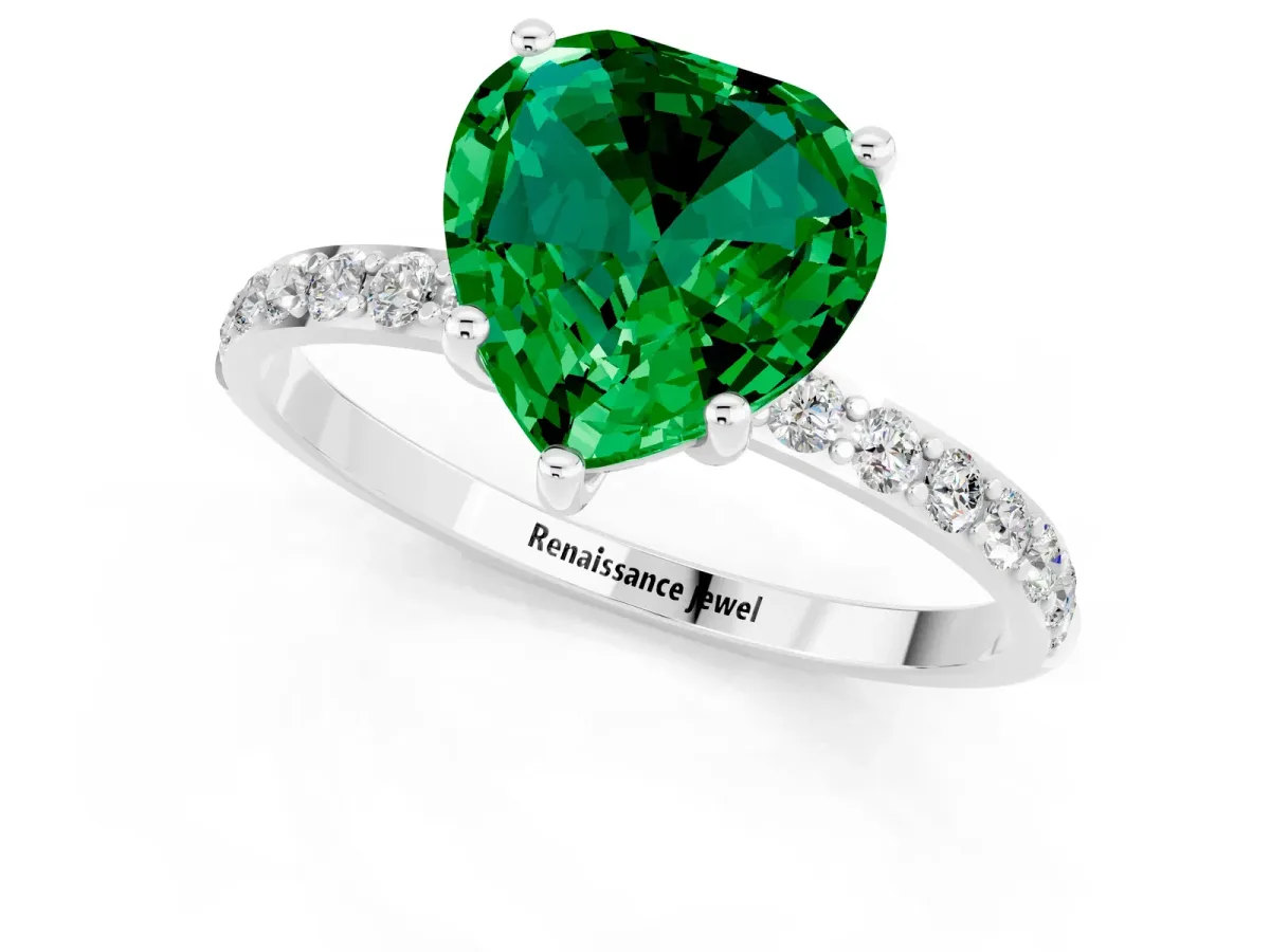 Heart Cut Emerald Solitaire Ring with Round Pavé Band and Prong Setting Platinum