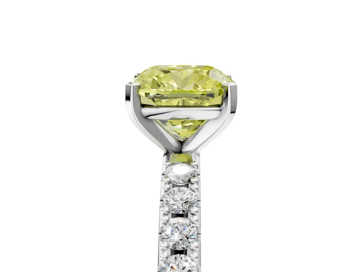 Fancy Yellow Cushion Cut Diamond Solitaire Pavé Band with Four-Prong Setting Silver