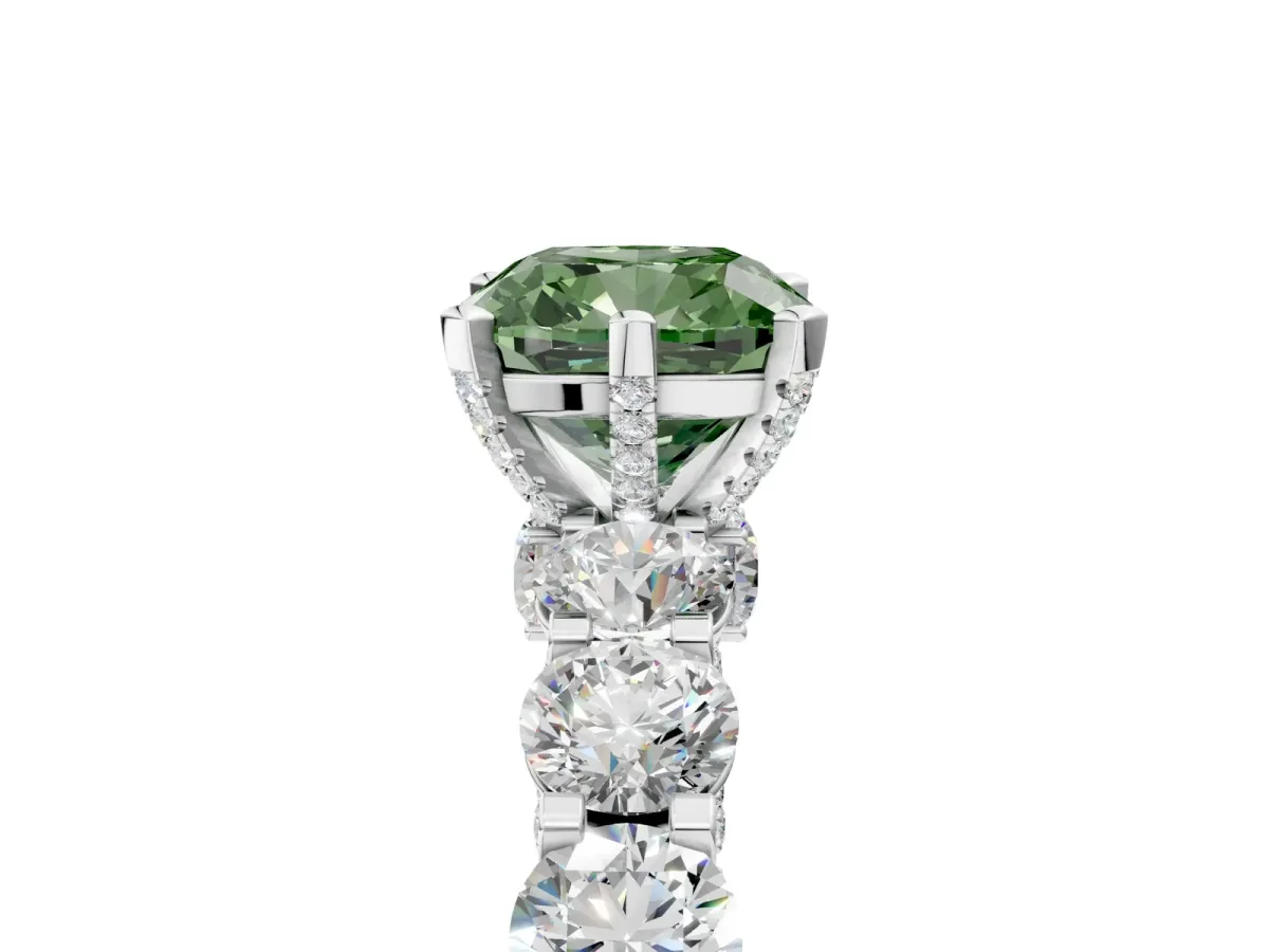 Fancy Green Cushion Cut Diamond Side Stone Engagement Ring with Four-Prong Setting Silver