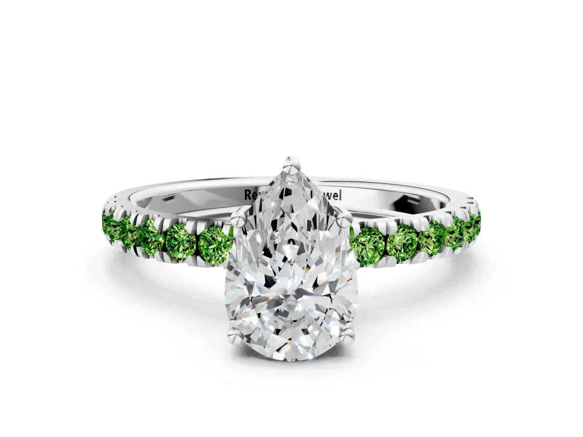 Pear Cut Diamond Pave Band Solitaire Ring with Round Peridot and Prong Setting Platinum