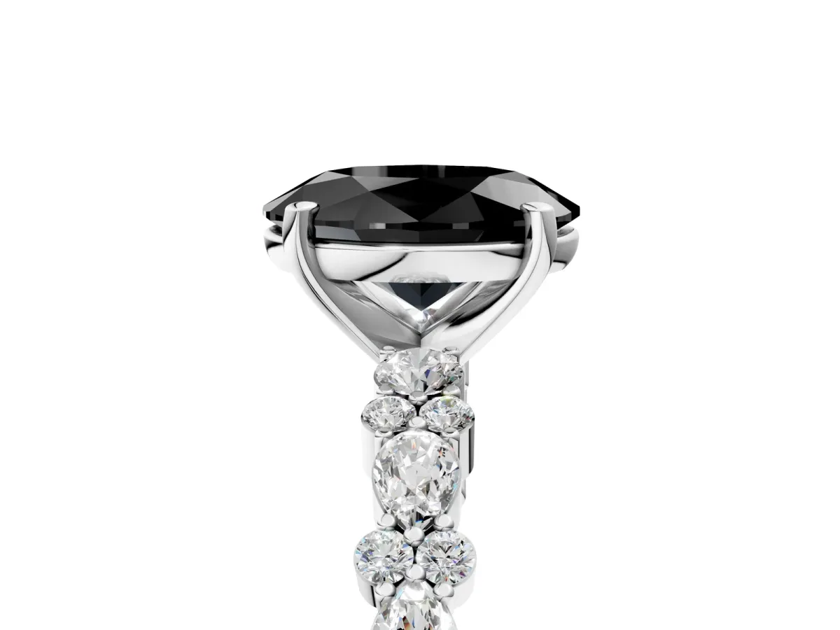Fancy Black Oval Cut Diamond Side Stone Solitaire Ring with Round and Four-Prong Setting Platinum