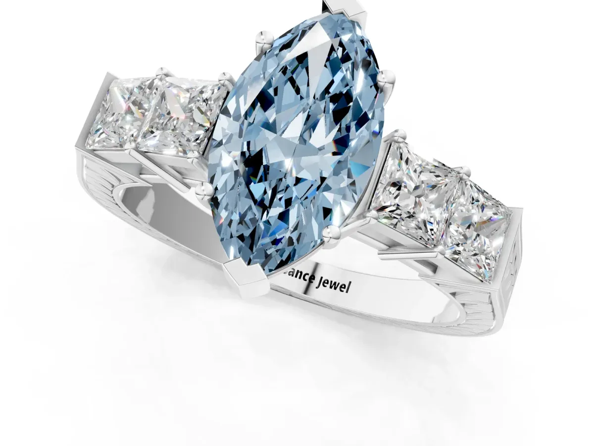 Fancy Blue Marquise Cut Solitaire Princess Side Stone Engraved Band Prong Setting Ring Silver