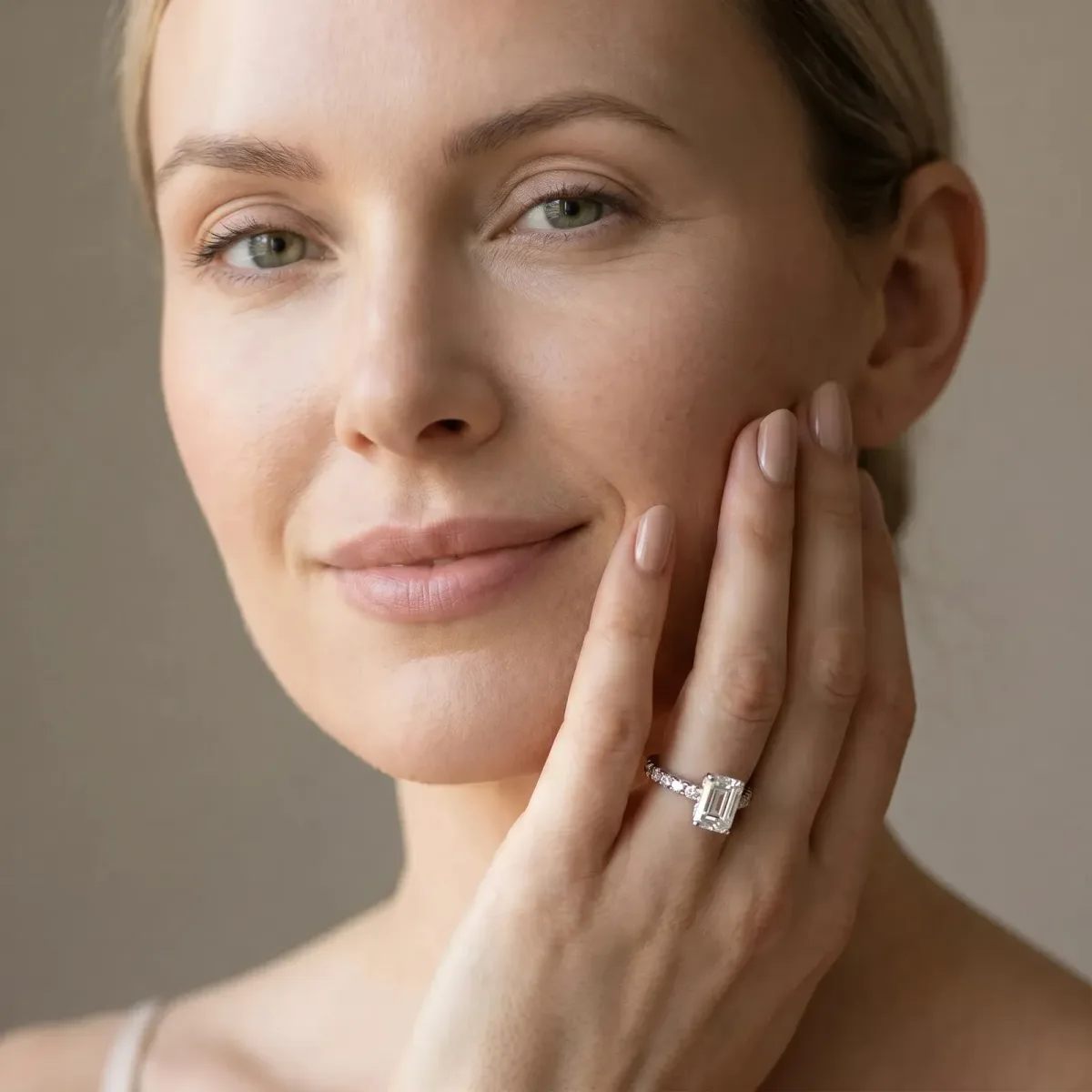 Emerald Cut Diamond Pave Band Solitaire Ring with Round and Prong Setting Platinum