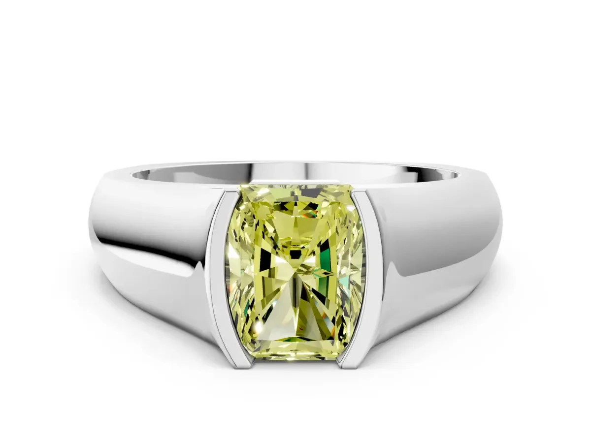 Fancy Yellow Radiant Cut Solitaire Bezel Set Diamond Ring with Wide Band Platinum