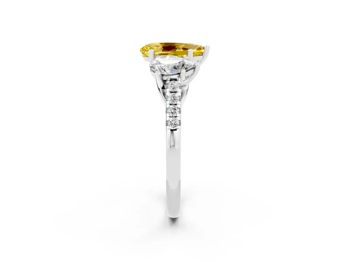 Three-Stone Pear Cut Yellow Sapphire Ring with Round Pavé Band and Prong Setting Silver