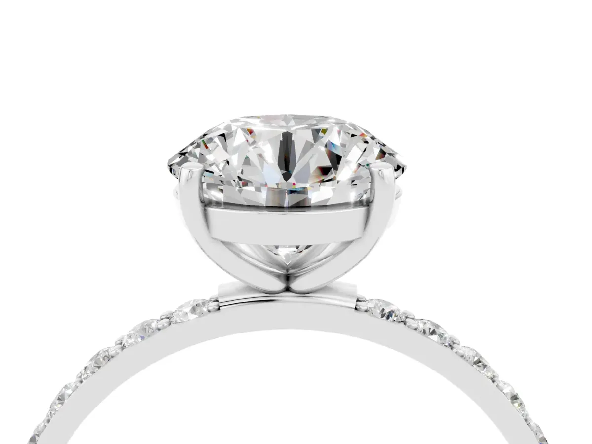 Round Cut Moissanite Solitaire Ring with Round Pavé Band and Prong Setting Silver