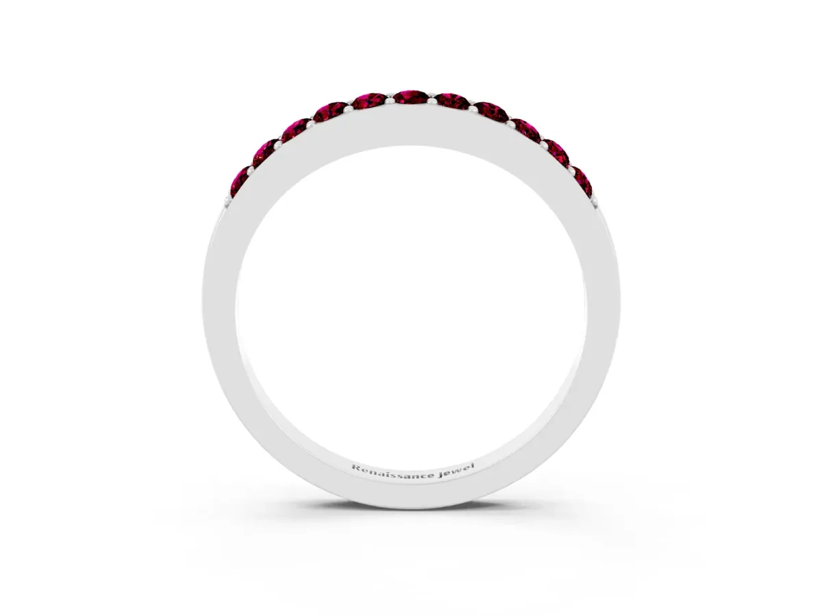 Round Garnet Curved Wedding Band with Channel Setting Platinum