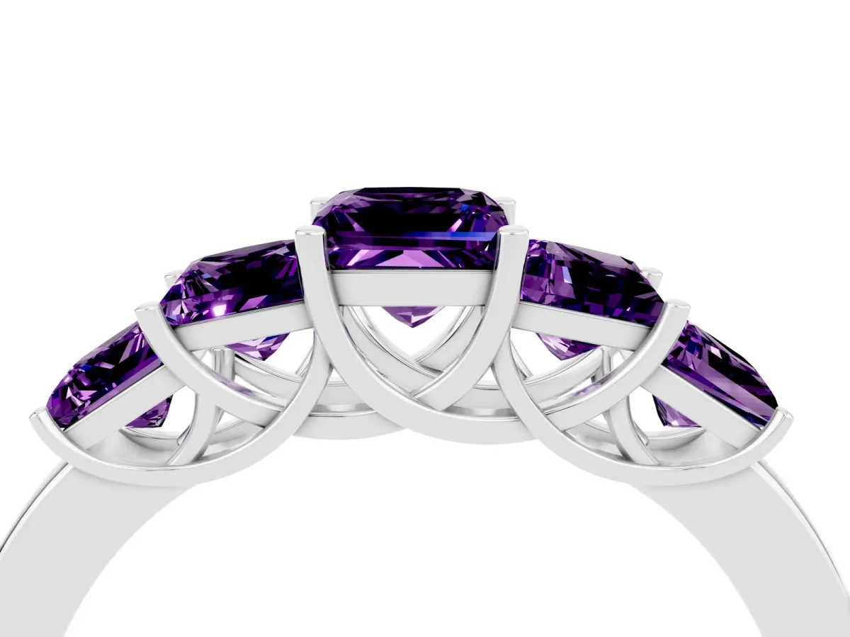 Princess Cut Five-Stone Amethyst Ring with Classic Prong Setting White gold